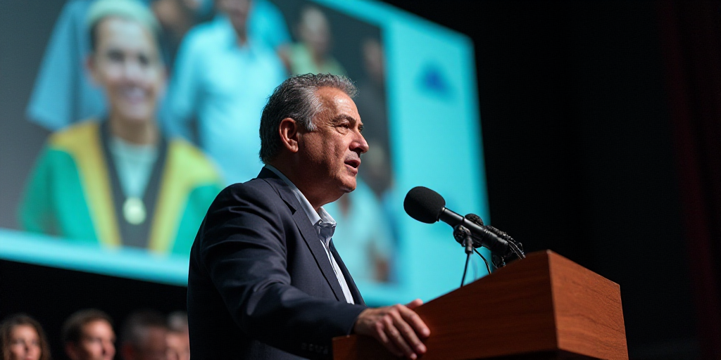 a man giving a speech at a podium with a microphone in front of him and a large poster behind him, F