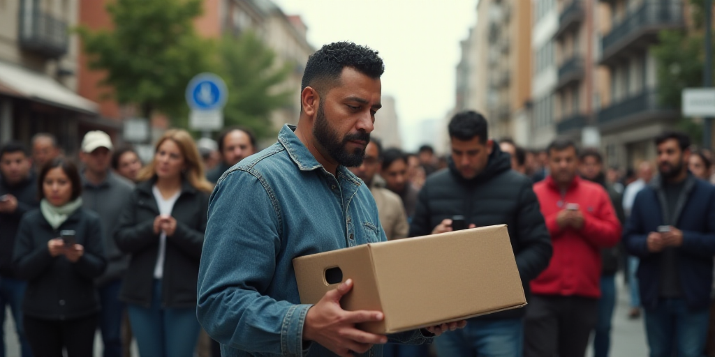 a man holding a box in front of a crowd of people on a street corner with a cell phone, Estuardo Mal