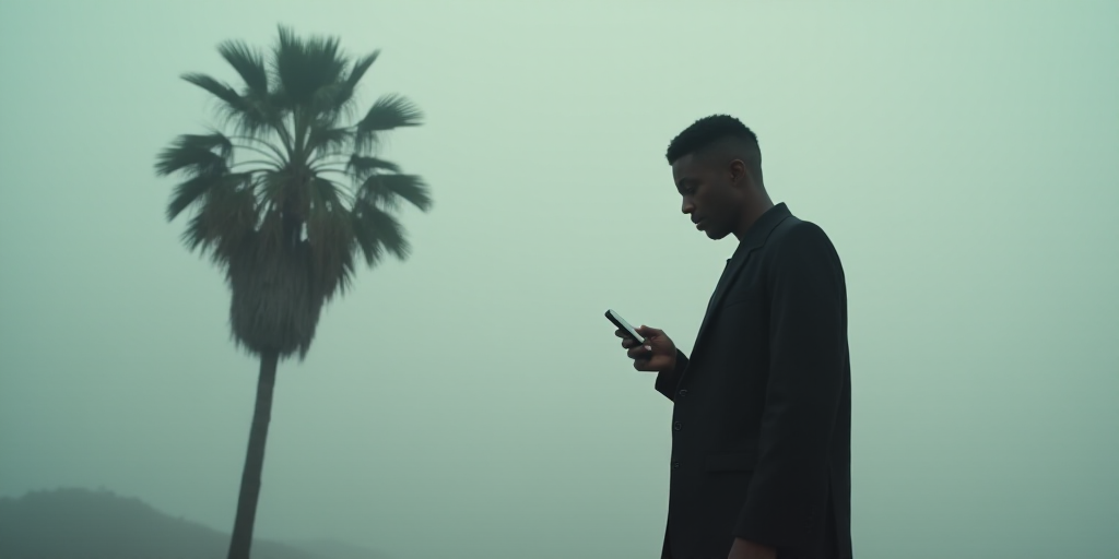a man holding a cell phone in his hand while standing next to a palm tree in the foggy sky, Cedric S
