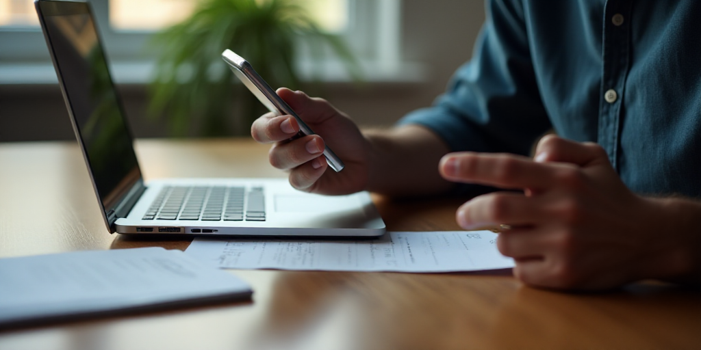 a man holding a cell phone while sitting at a table with a laptop computer and papers on it,, Brian