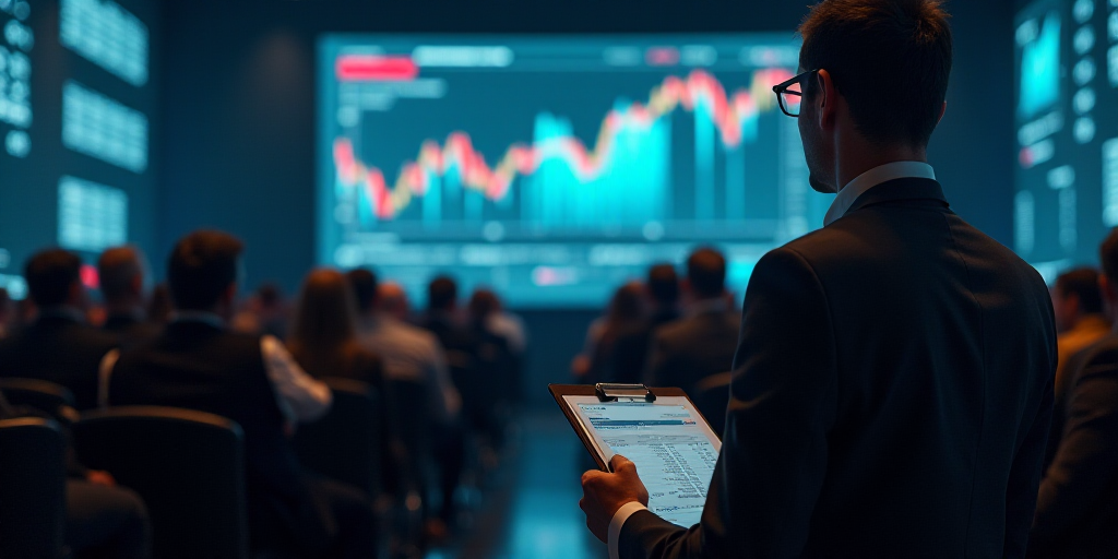 a man holding a clipboard in a room full of people and a large screen with a stock market on it, And