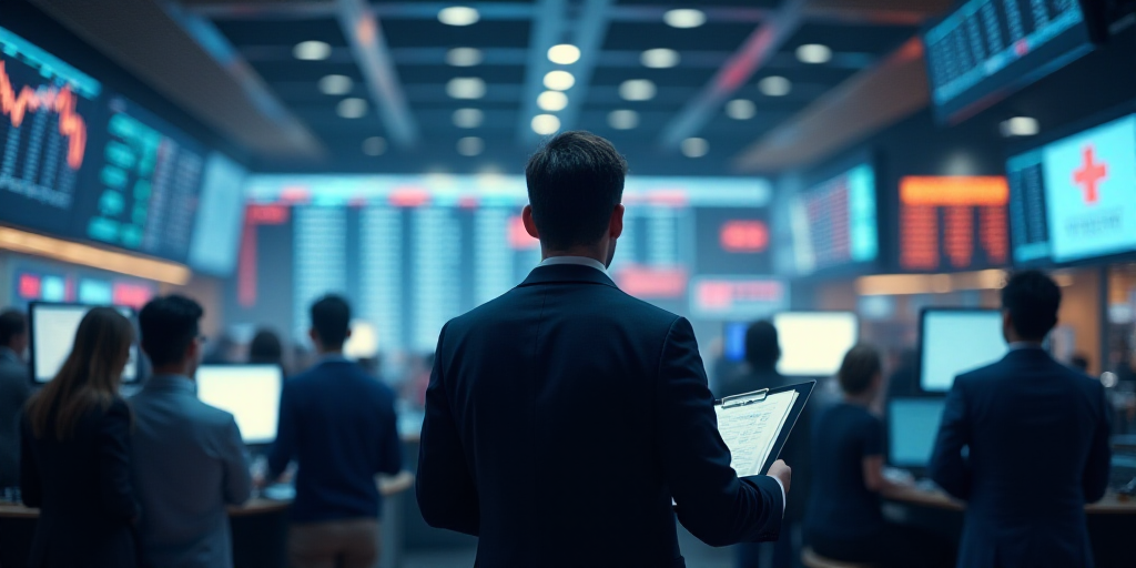 a man holding a clipboard in front of a stock market floor with a lot of people on it, Andries Stock