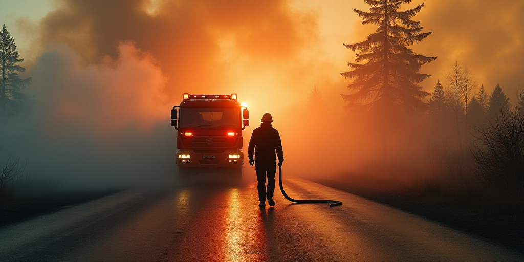 a man holding a fire hose in front of a fire truck on a road with a lot of smoke, Akseli Gallen-Kall