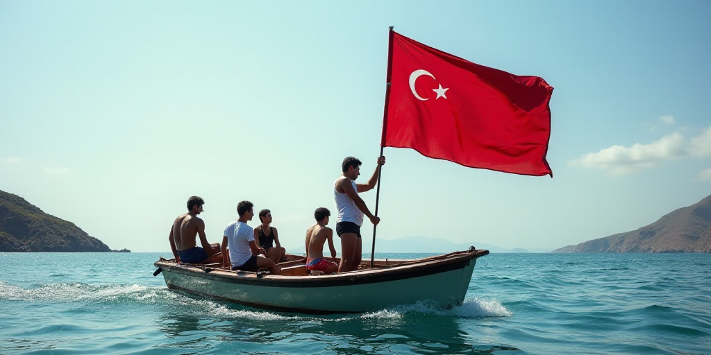 a man holding a flag on a boat in the water with other people watching from the boat in the water, A
