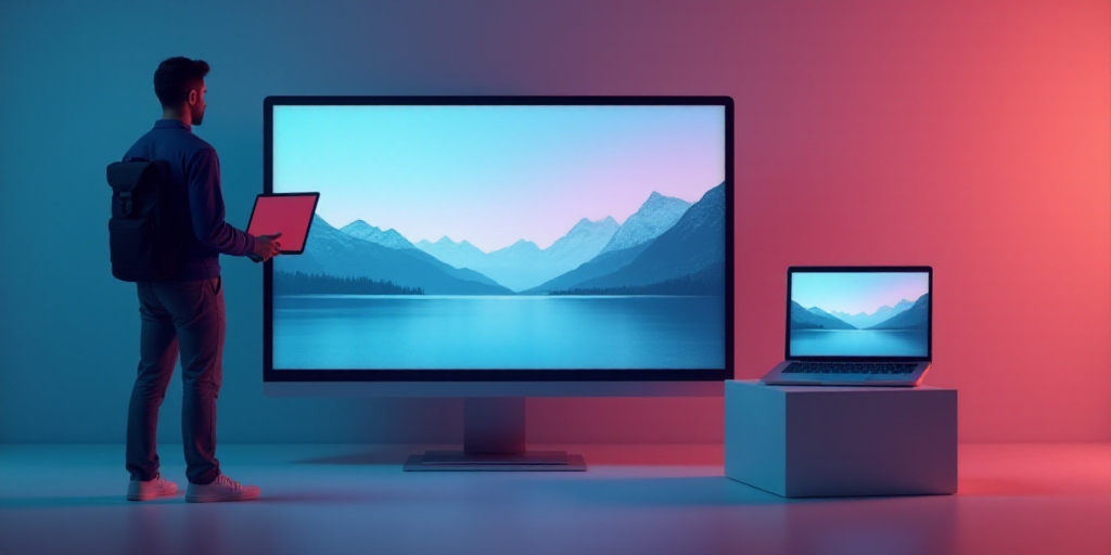 a man holding a laptop in front of a large screen display of a computer and a laptop computer on a s