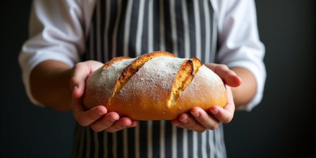 a man holding a loaf of bread in his hands while wearing a white shirt and a black and white striped