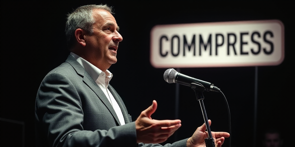 a man holding a microphone in front of a sign that says commpress on it and a microphone in front of