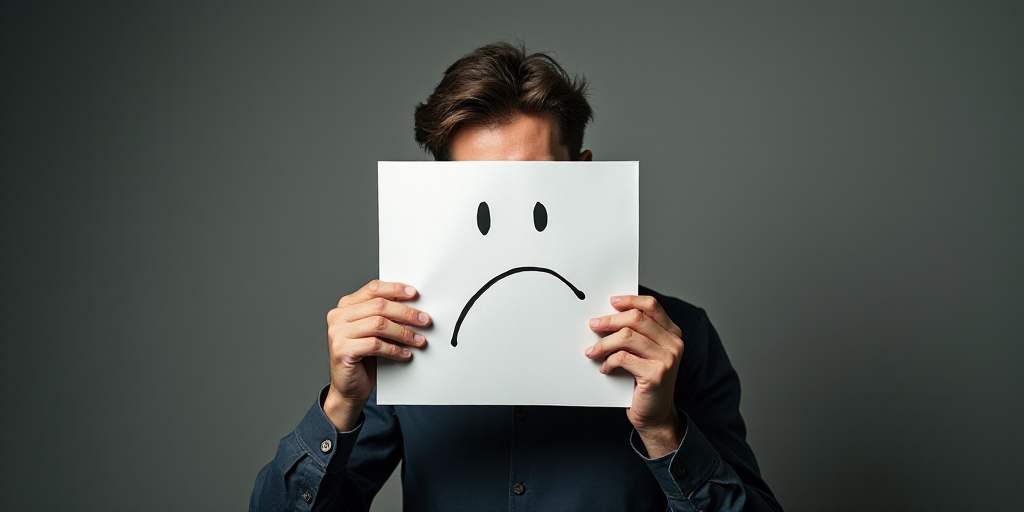 a man holding a paper with a sad face drawn on it in front of his face and a sheet of paper in front