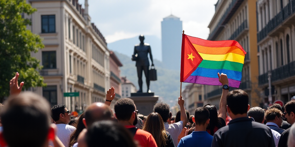 a man holding a rainbow flag in a crowd of people in front of a building with tall buildings in the