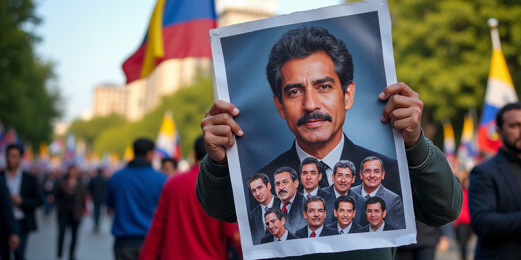 a man holding a sign with a bunch of pictures of him on it and a flag in front of him, Federico Urib