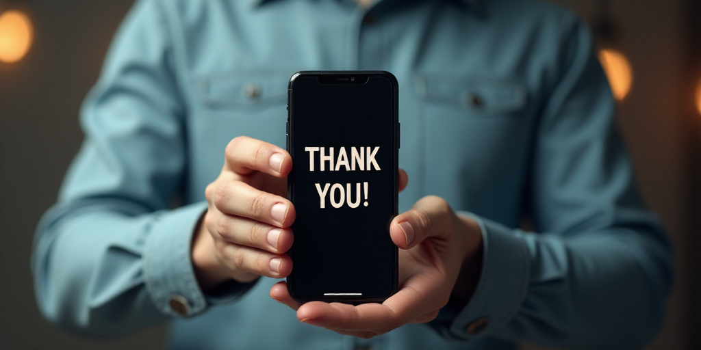 a man holding a smart phone with a thank you message on it's screen and a hand holding a smart phone