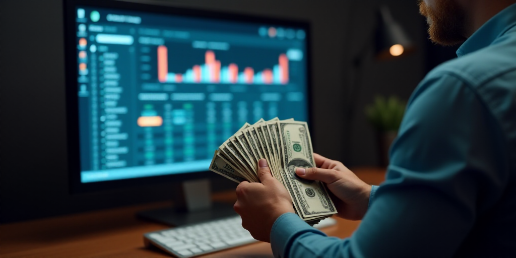 a man holding a stack of money in front of a computer screen with a monitor on it and a keyboard, An