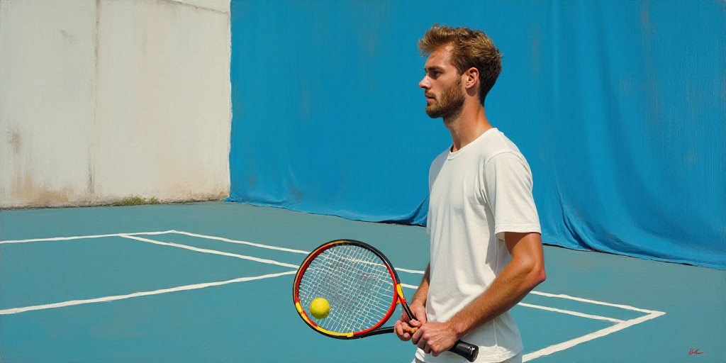a man holding a tennis racket on a tennis court with a blue background and a white wall behind him,