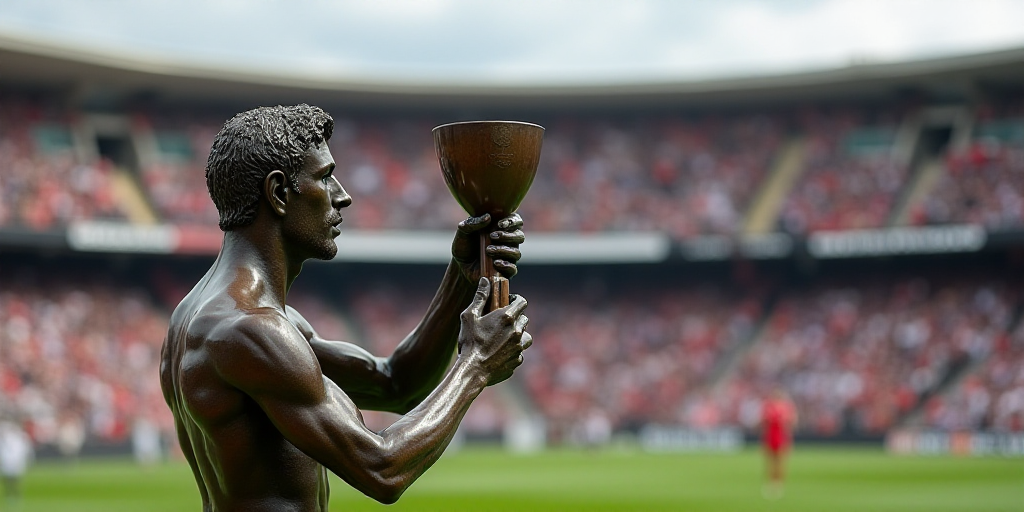 a man holding a trophy in his hand on a field with a crowd watching him from the stands in the stand