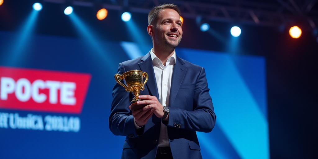 a man holding a trophy in his hand while standing on a stage with a blue background and a red and wh