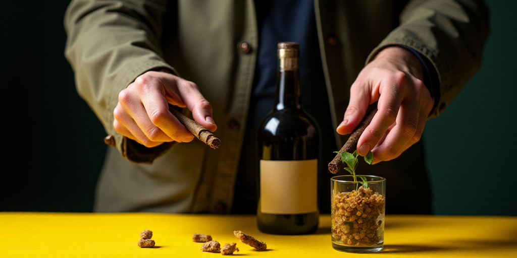 a man holding two sticks in his hands and a bottle of alcohol in the background on a table with a ye