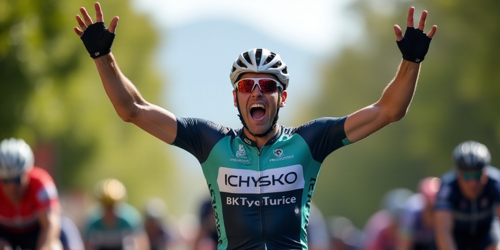 a man in a bike jersey is celebrating his win in a race with his hands up in the air, Erik Pevernagi