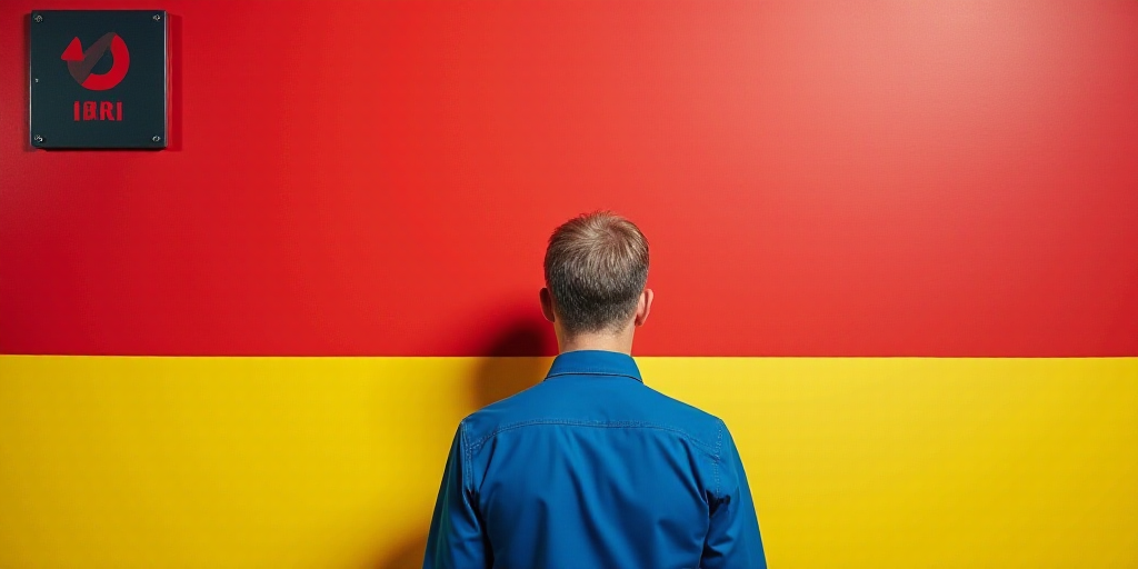 a man in a blue shirt standing in front of a red and yellow wall with a red and black sign, Adam Sze