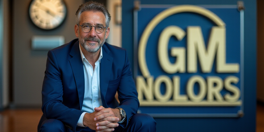 a man in a blue suit sitting in front of a sign that says general motors on it and a clock, Fernando