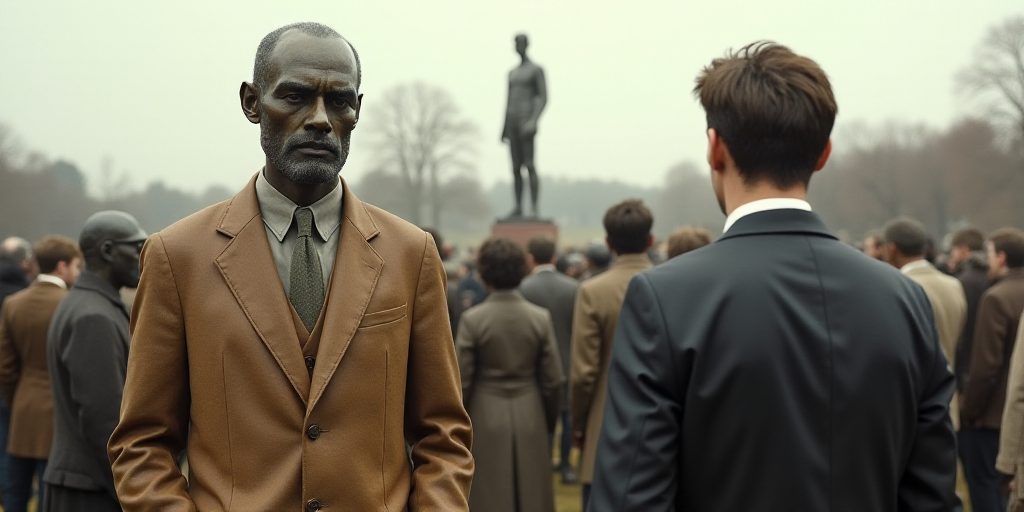 a man in a brown jacket and tie standing on a field with a crowd of people behind him and a man in a