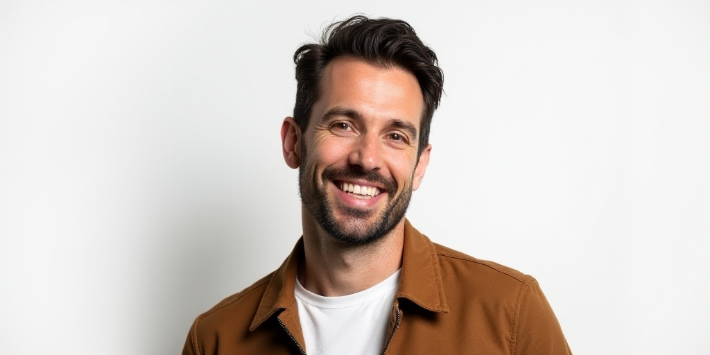 a man in a brown jacket and white shirt smiling at the camera with a white background and a white ba