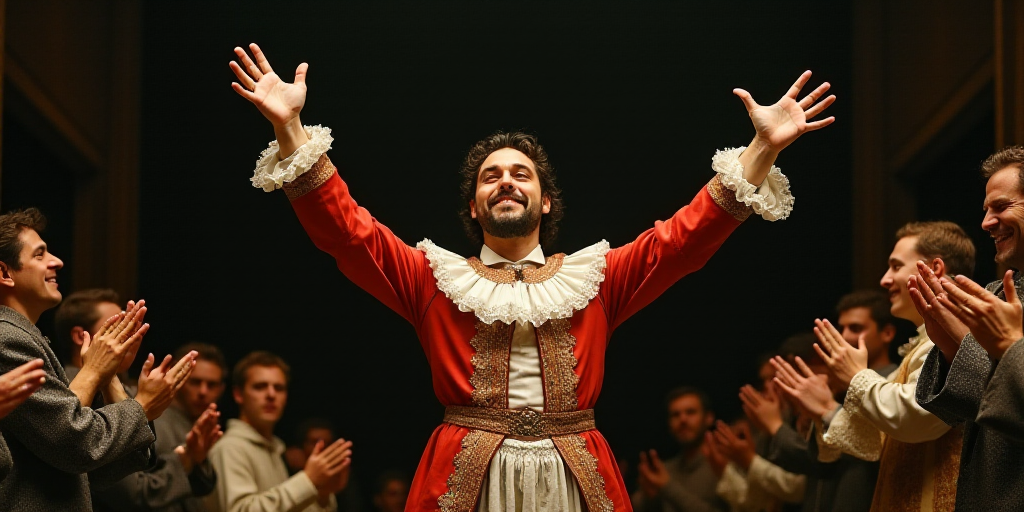a man in a costume standing on stage with his hands up in the air and other people clapping around h