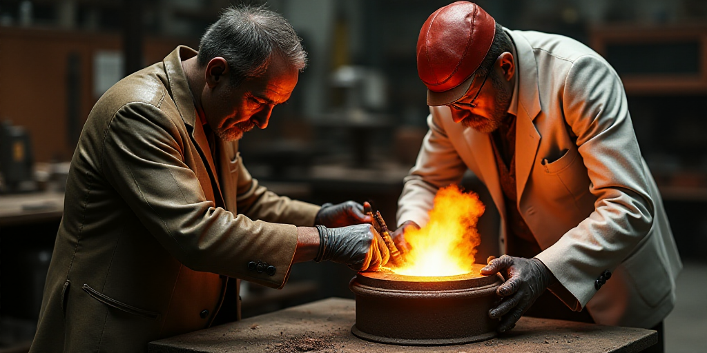 a man in a factory working on a piece of metal with a flame coming out of it and a man in a white su