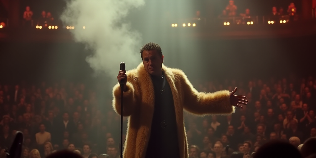 a man in a fur coat holding a microphone on stage with a crowd behind him and smoke billowing from t