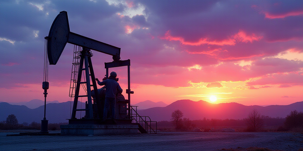a man in a gas station working on a well at sunset or dawn with a purple and blue sky, Ancell Strona