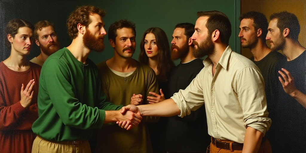 a man in a green shirt shaking hands with a man in a green shirt and a white shirt and a group of pe