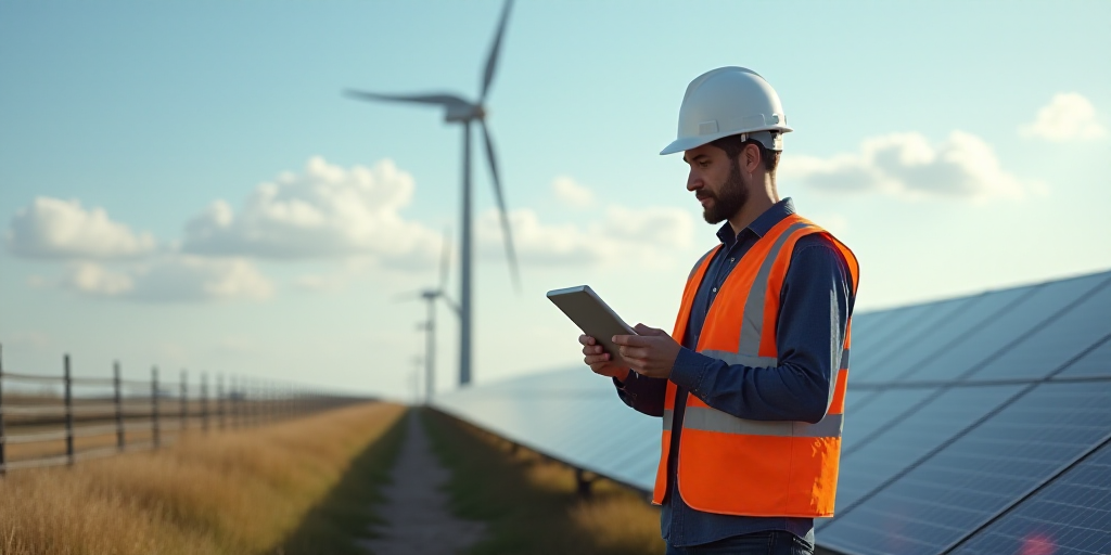 a man in a hard hat and vest holding a tablet in front of a wind turbine and solar panels, Évariste
