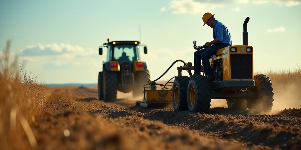 a man in a hard hat is working on a machine in a field with a tractor behind him and a tractor behin