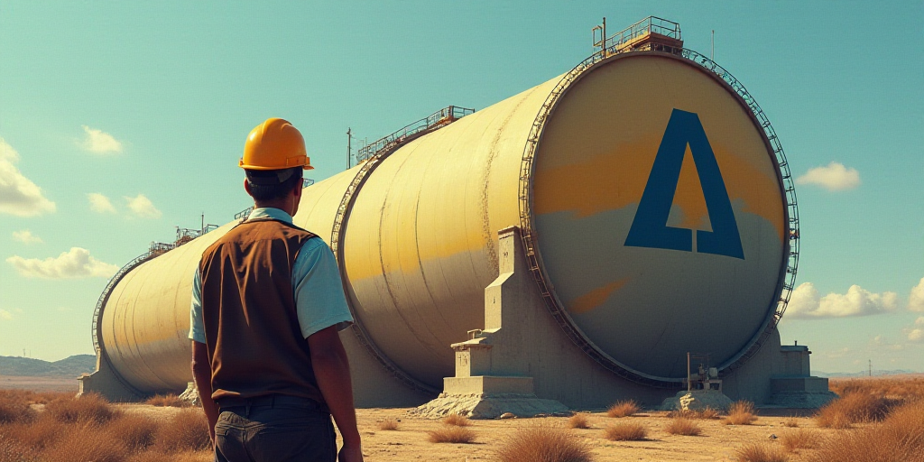 a man in a hard hat standing in front of a large oil tank with a logo on it's side, Aquirax Uno, oil