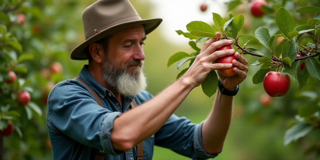 a man in a hat picking apples from a tree with his hands and fingers, while wearing a hat, Ceferí O