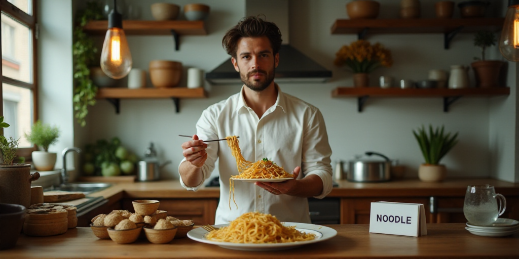 a man in a kitchen holding a plate of food with noodles on it and a sign that says noodle, Chippy, 4