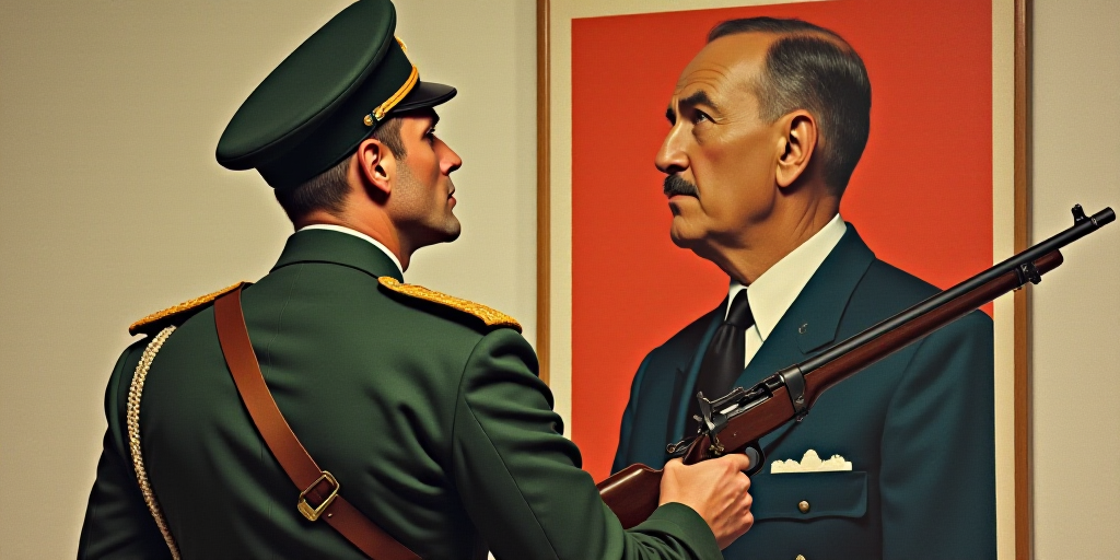 a man in a military uniform holding a gun and looking up at a poster of a man in a suit, Carl Gustaf