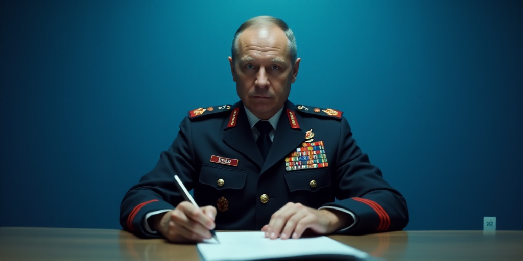 a man in a military uniform sitting at a desk with a pen and paper in front of him and a blue backgr