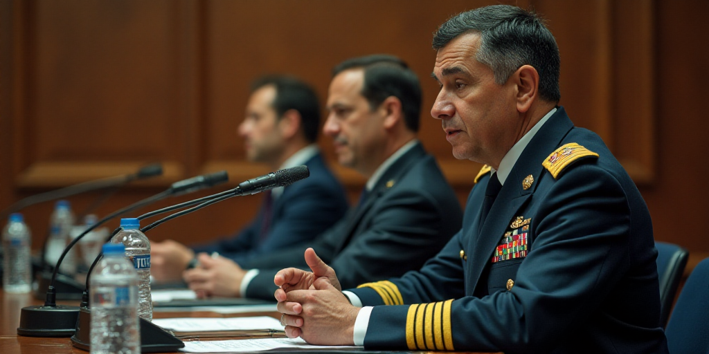 a man in a military uniform speaking into a microphone while two other people sit at a table with mi