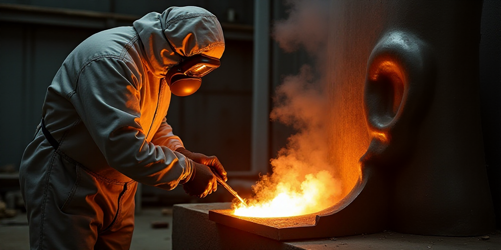 a man in a protective suit is working on a piece of metal with a flame coming out of it, Anish Kapoo