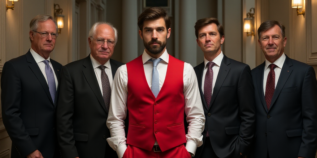 a man in a red and white outfit and other people in suits and ties and one man in a red and white sh