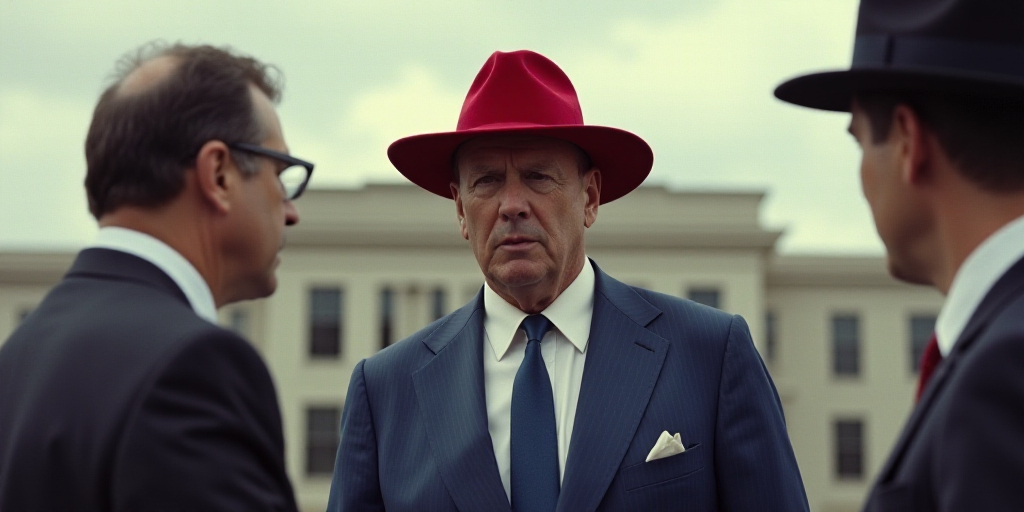 a man in a red hat and a blue suit and tie is speaking to someone in front of a large building, Dona