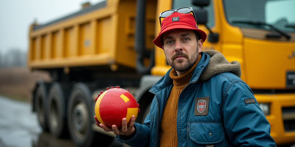 a man in a red hat and a blue jacket is holding a red and yellow object in front of a yellow truck,