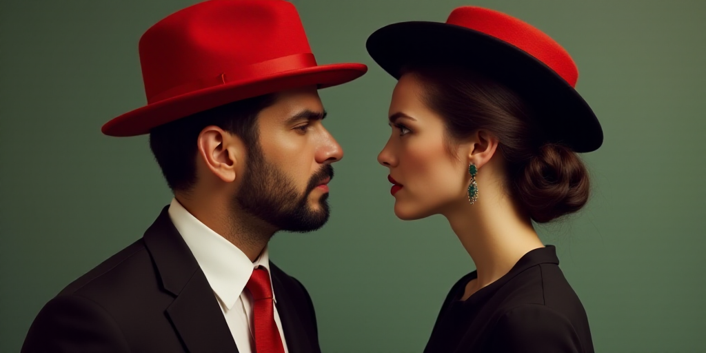 a man in a red hat and a woman in a black dress and red tie and a red hat, Donald Roller Wilson, cgi