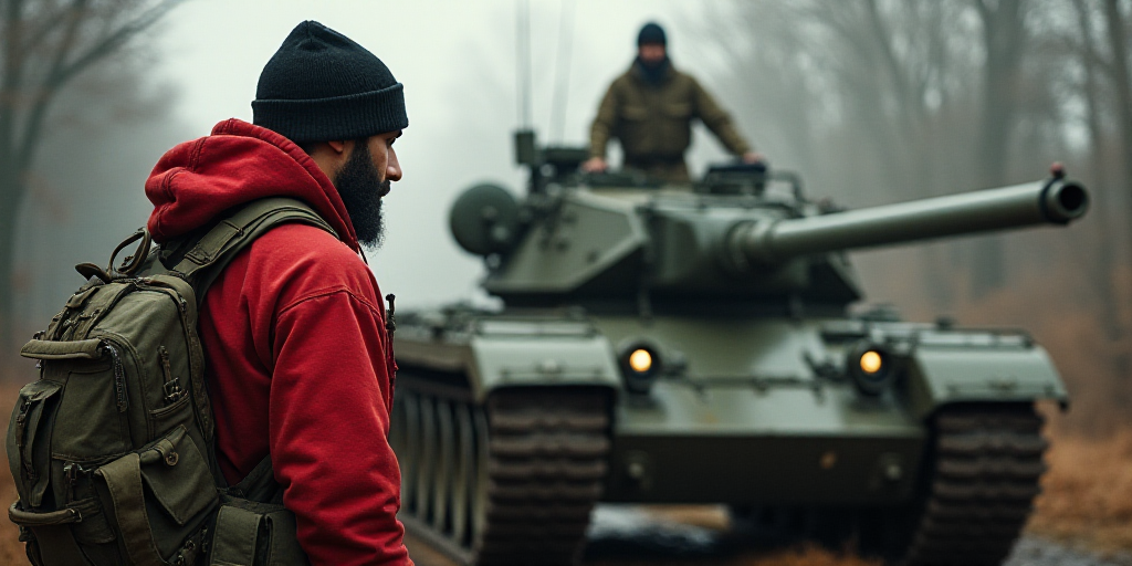 a man in a red hoodie is looking at a machine gun in a tank with a soldier in the background, Afewer