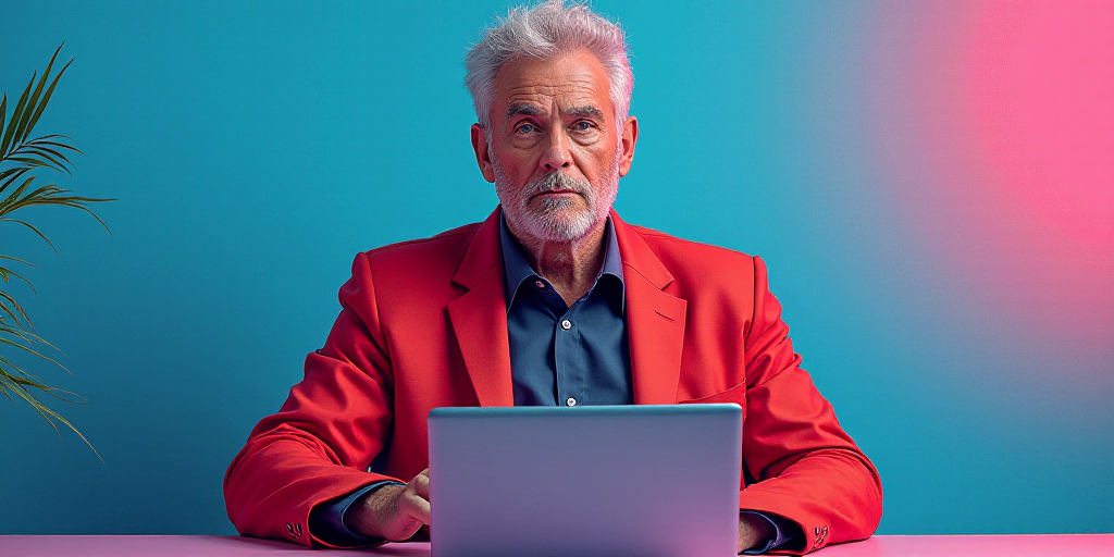 a man in a red jacket sitting at a desk with a laptop computer on it and a blue and pink wall behind