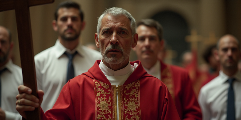 a man in a red robe holding a cross in front of a man in a white shirt and tie, Estuardo Maldonado,
