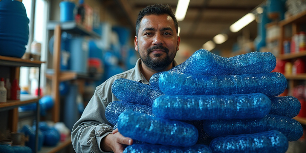 a man in a store holding a large stack of blue items in his hands and looking at the camera, Diego R