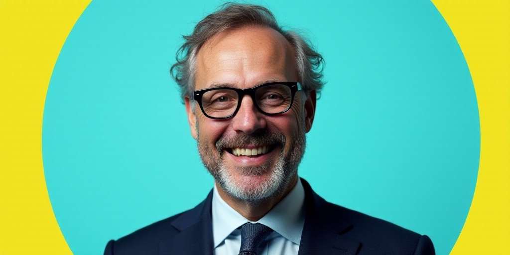 a man in a suit and glasses is smiling for the camera with a blue background and a yellow border, Ed