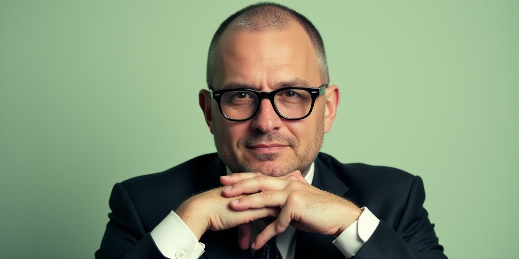 a man in a suit and glasses is posing for a picture with his hands on his chins and his chin resting
