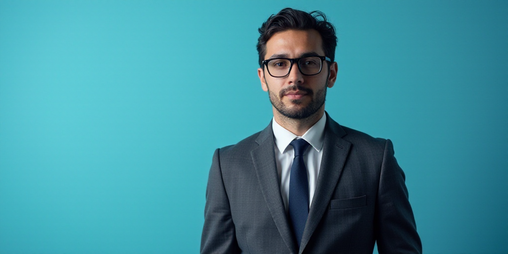 a man in a suit and glasses standing in front of a blue background with a black and white photo, Est